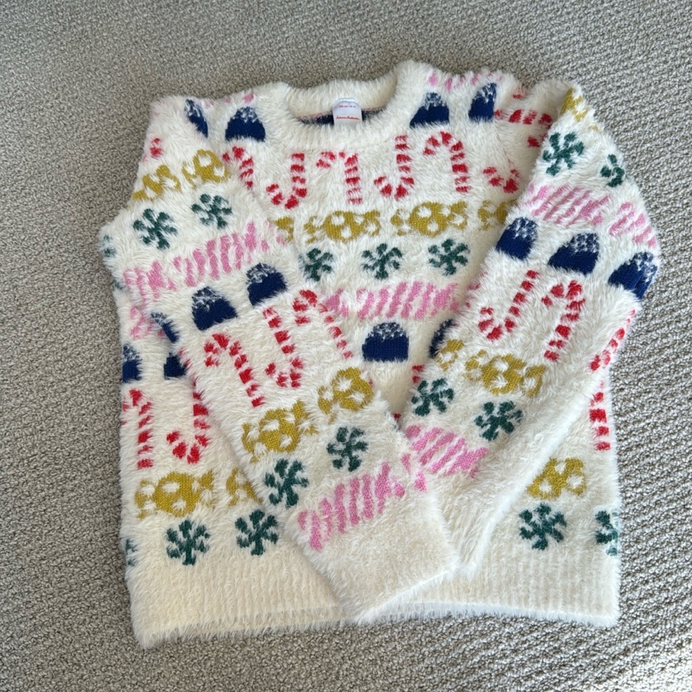 Hanna Andersson Cream Fuzzy Sweater with Pink, Red, Navy, Yellow, Green Motifs